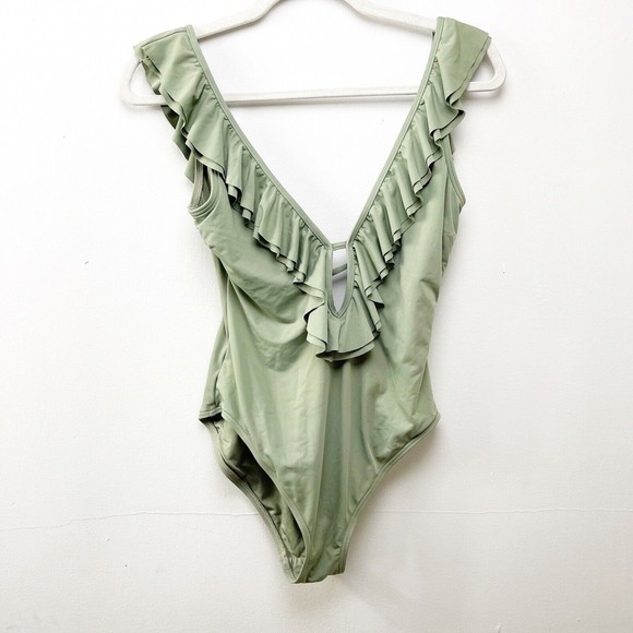 Michael Kors One piece bathing suit Green with ruffle Size 10 V-neck No padding - Picture 1 of 4